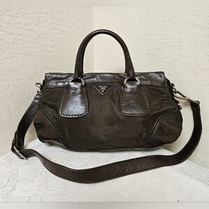 Prada Green Brown Nylon Leather Handbag With Long Handle Satchel AUTHENTIC
